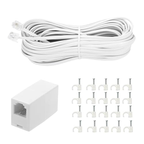 Vthahaby 50 Feet Long Telephone Extension Cord Phone Cable Line Wire, with Standard RJ11 Plug and 1 in-Line Couplers and 15 Cable Clip Holders-White (White 15M) - Image 1