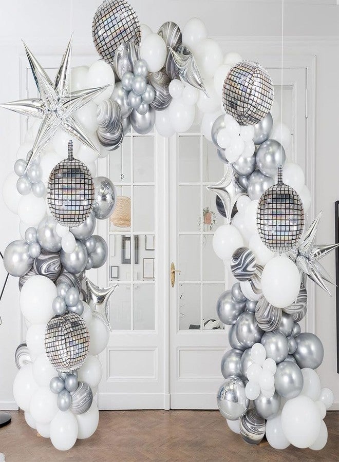 MDOZQ 6 PCS Disco Ball Balloons Silver Disco Mylar Foil Balloons 22 Inch Huge 4D Round Metallic Sphere Disco Party Balloons for 70s 80s 90s Party Decorations Birthday Bachelorette Party Graduation - Image 5