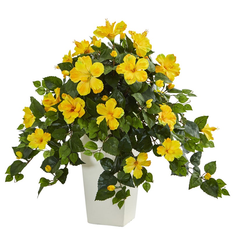 Nearly Natural Nearly Natural Hibiscus Artificial Plant in White Tower Planter 