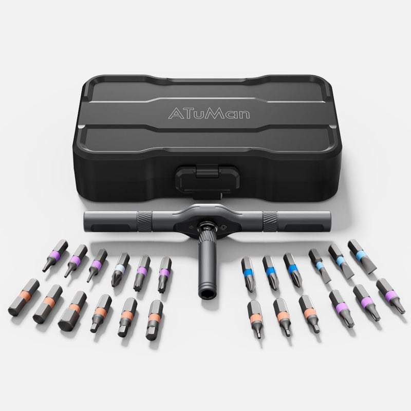 ATuMan 24 in 1 magnetic ratchet screwdriver set with Detachable Handle S2 Alloy Steel Precision Bits Magnetic Ratcheting Screwdriver with Case for Bicycle Electronics Repair Ideal for Home DIY