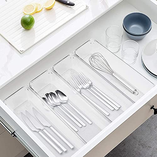 Zeinwap Desk Drawer Organizers Trays Set Clear Plastic Storage Bins Bathroom Drawer Tray Dividers Vanity Organizer For Bedroom Dresser Makeup Kitchen Utensil Office(4 Pc Long Large Tray),Transparent - Image 5