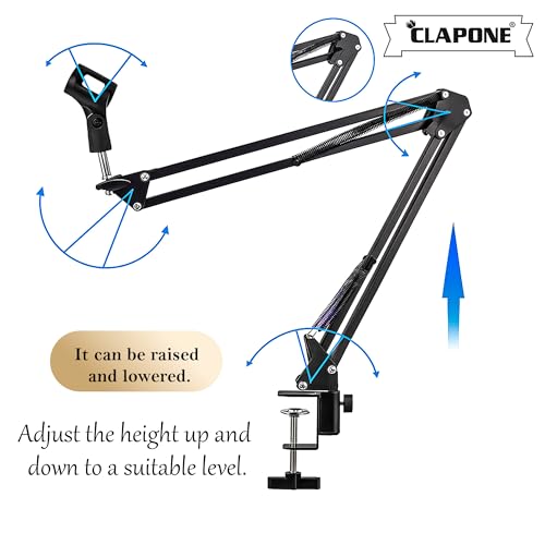 CLAPONE حامل ميكروفون CLAPONE مع ذراع مقص معلق/حامل ميكروفون/ذراع مقص قابل للتعديل للتعليق/الصوت/الألعاب/التسجيل (أسود، حامل ميكروفون) - Image 3
