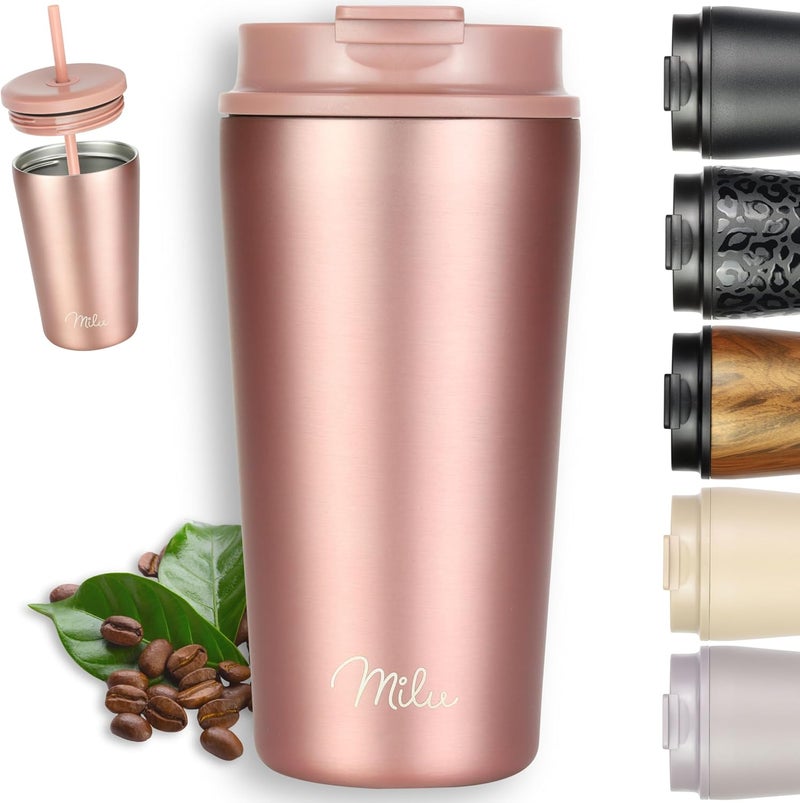 Milu Thermal Mug, 500 ml, 100% Leak-Proof, Stainless Steel Coffee Mug to Go, Insulated with Straw, Keeps Hot for 10 Hours/Cold for 20 Hours, BPA-Free (Rose Gold, 500 ml) - Image 1