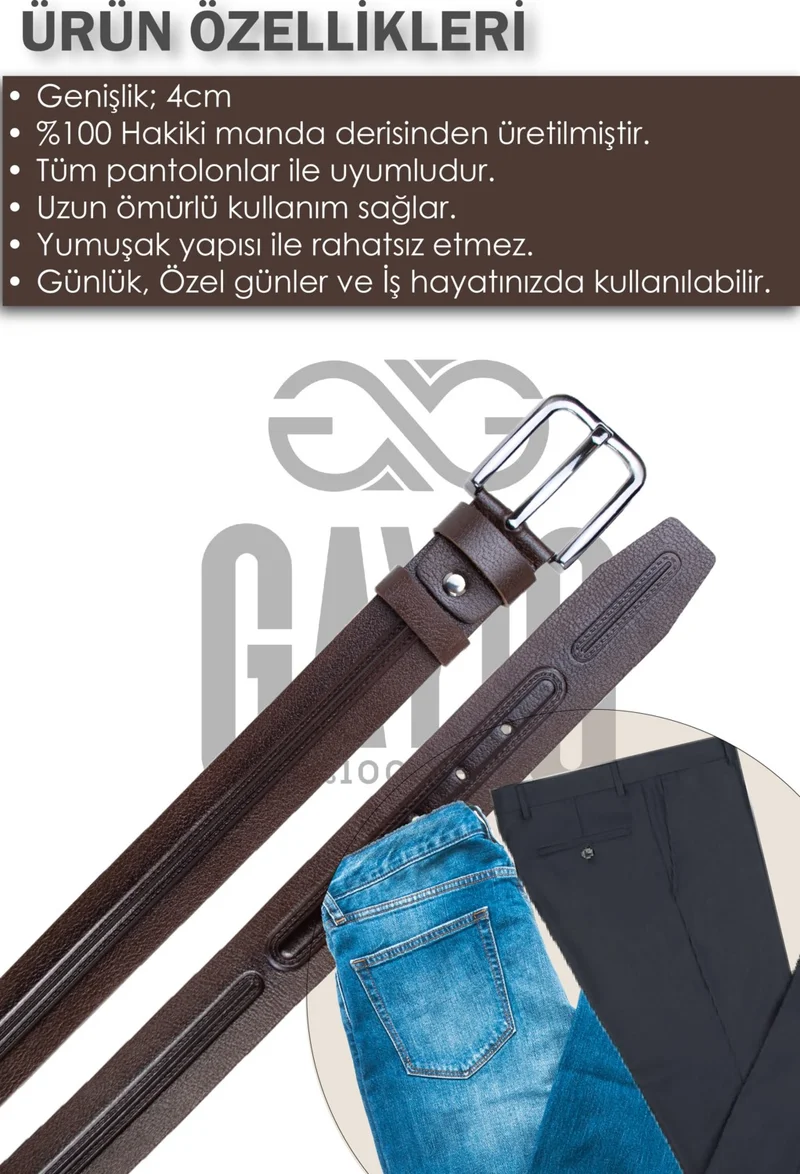 Gayış 4cm Genuine Buffalo Leather Men's Brown Belt Jeans-Fabric Trousers Compatible Men's Belt Gift