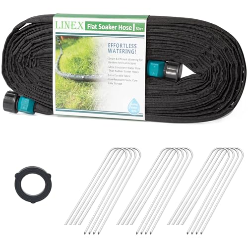 LINEX Flat Soaker Hose 50 ft with Stake for Garden Beds Drip Sprinkler Irrigation Hose Heavy Duty Saving 80% Water For Vegetable - Image 1