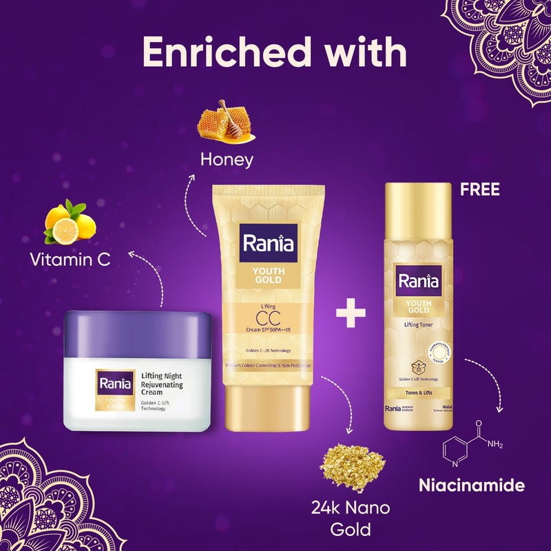Rania Rania Ramadan Special DayNight Gold Kit Toner and Pouch Free Rania CC Cream SPF50PAIR with Vitamin C24K Gold Rania Night Cream with Vitamin C 24K Gold Niacinamide - Image 5
