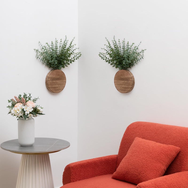 Teecyhooo 2 Pack Wooden Round Wall Vase for Indoor Plants Boho Modern Farmhouse Wall Decoration for Living Room, Bathroom Entryway, Hallway Artificial Flower Plants - Image 5