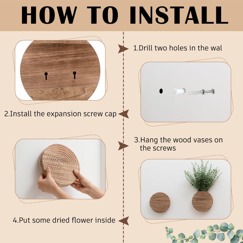 Teecyhooo 2 Pack Wooden Round Wall Vase for Indoor Plants Boho Modern Farmhouse Wall Decoration for Living Room, Bathroom Entryway, Hallway Artificial Flower Plants - Image 2
