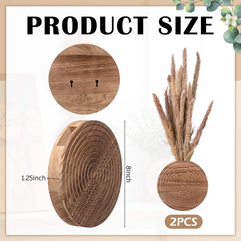 Teecyhooo 2 Pack Wooden Round Wall Vase for Indoor Plants Boho Modern Farmhouse Wall Decoration for Living Room, Bathroom Entryway, Hallway Artificial Flower Plants - Image 3