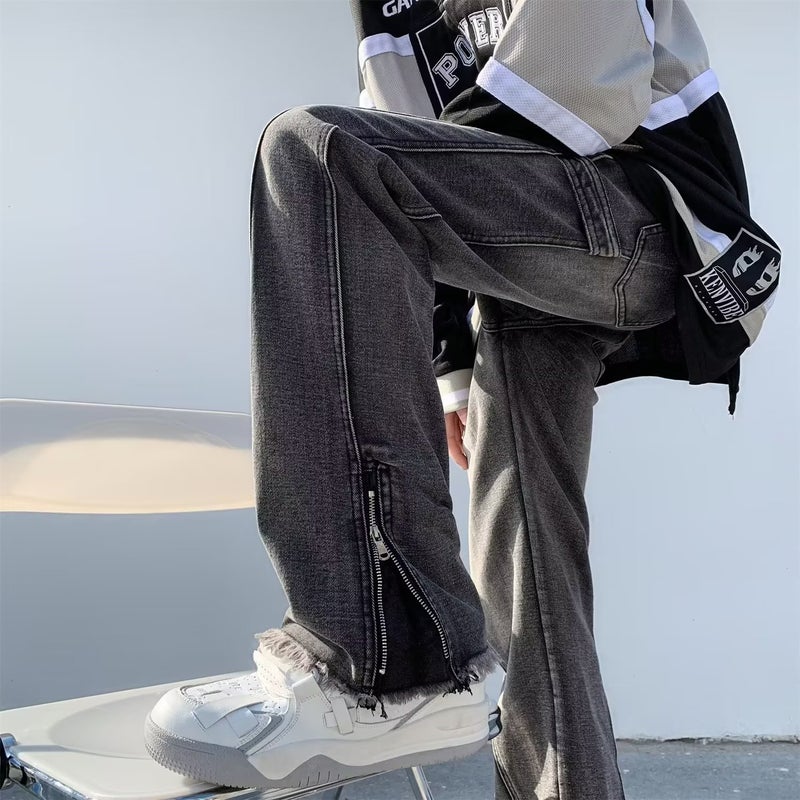 American High Street Style Jeans for Boys in Summer with Slightly Flared Side Zipper Slits, Retro Washed Long Pants for Men, Versatile - Image 5