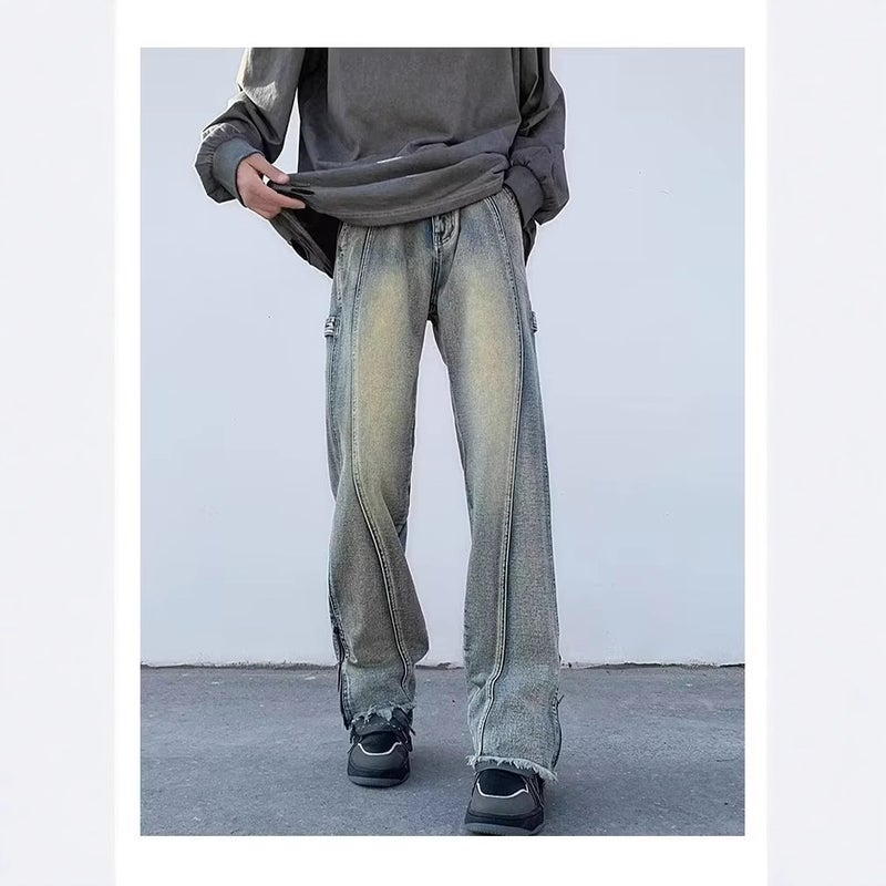 American High Street Style Jeans for Boys in Summer with Slightly Flared Side Zipper Slits, Retro Washed Long Pants for Men, Versatile - Image 2