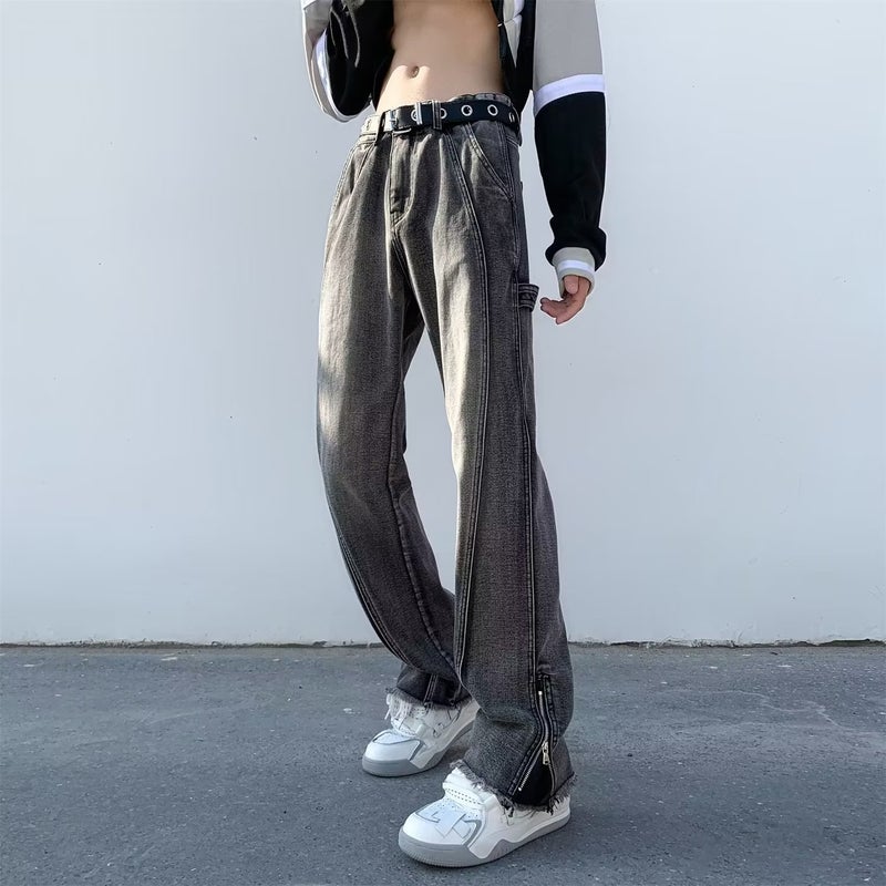 American High Street Style Jeans for Boys in Summer with Slightly Flared Side Zipper Slits, Retro Washed Long Pants for Men, Versatile - Image 4