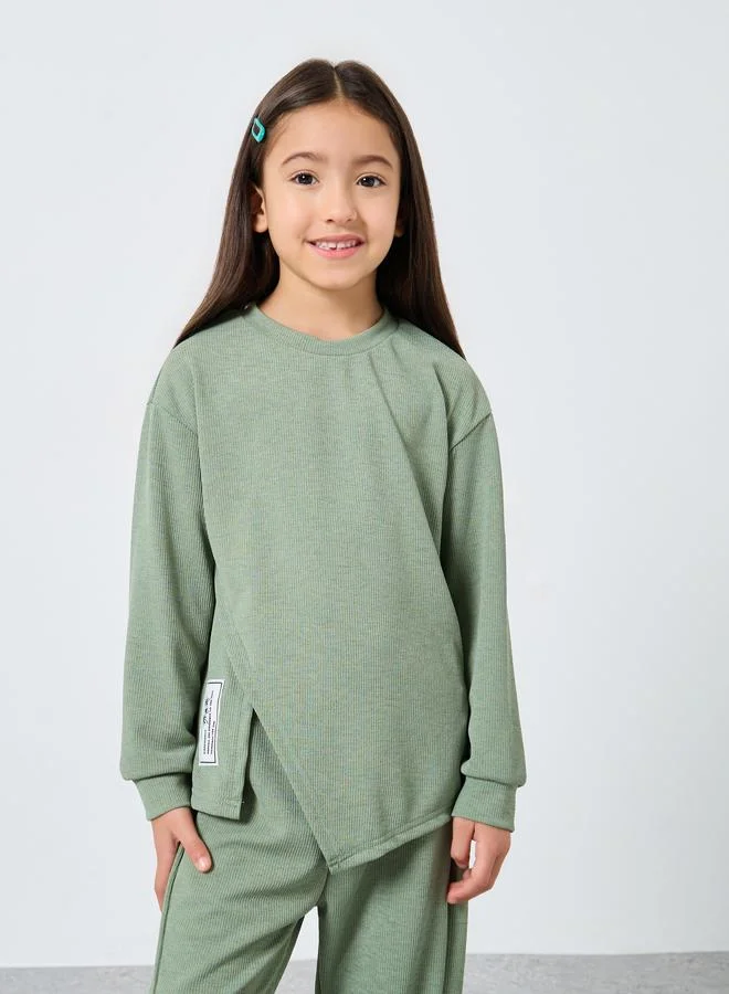 Styli Styli Girls Green Patch Detail Knit Top and Pants Set