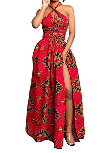 Vimoisa Women Sexy Boho African Long Maxi Dress V-Neck Multi-Way Pleated Floral Print Dresses - Image 1
