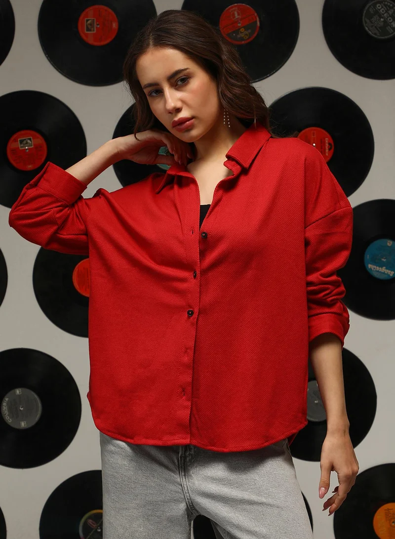 Campus Sutra Campus Sutra Women's Scarlet Red Solid Oversized Shirt For Casual Wear | Spread Collar | Long Sleeves | Button Closure | Oversized Shirt Crafted With Comfort Fit For Everyday Wear