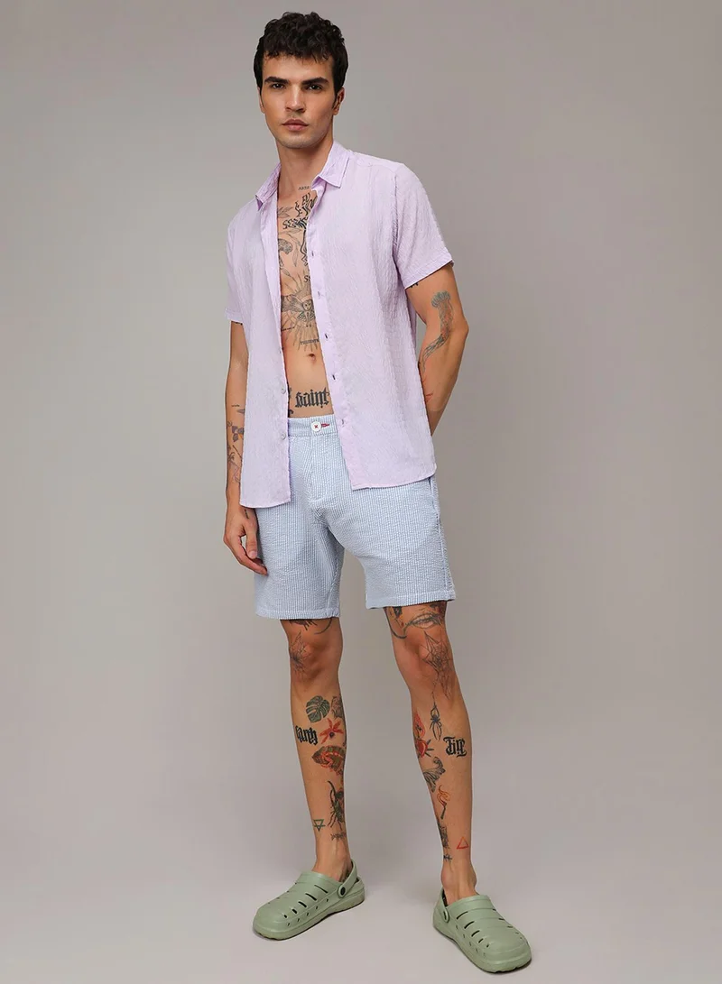 Campus Sutra Men's Light Blue Seersucker Stripe Shorts