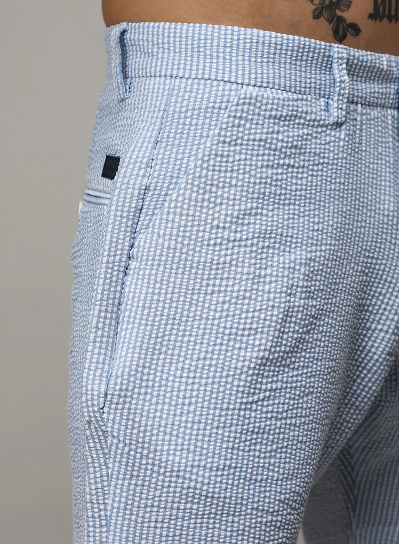 Campus Sutra Men's Light Blue Seersucker Stripe Shorts