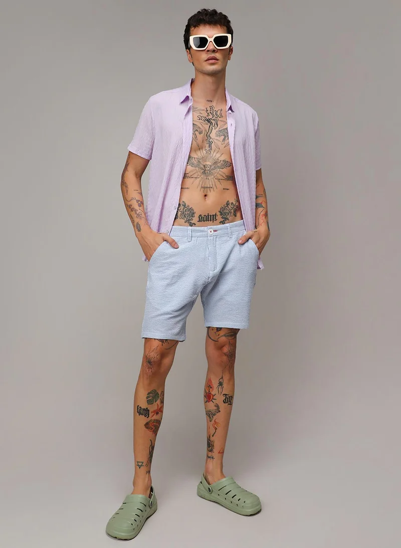 Campus Sutra Men's Light Blue Seersucker Stripe Shorts