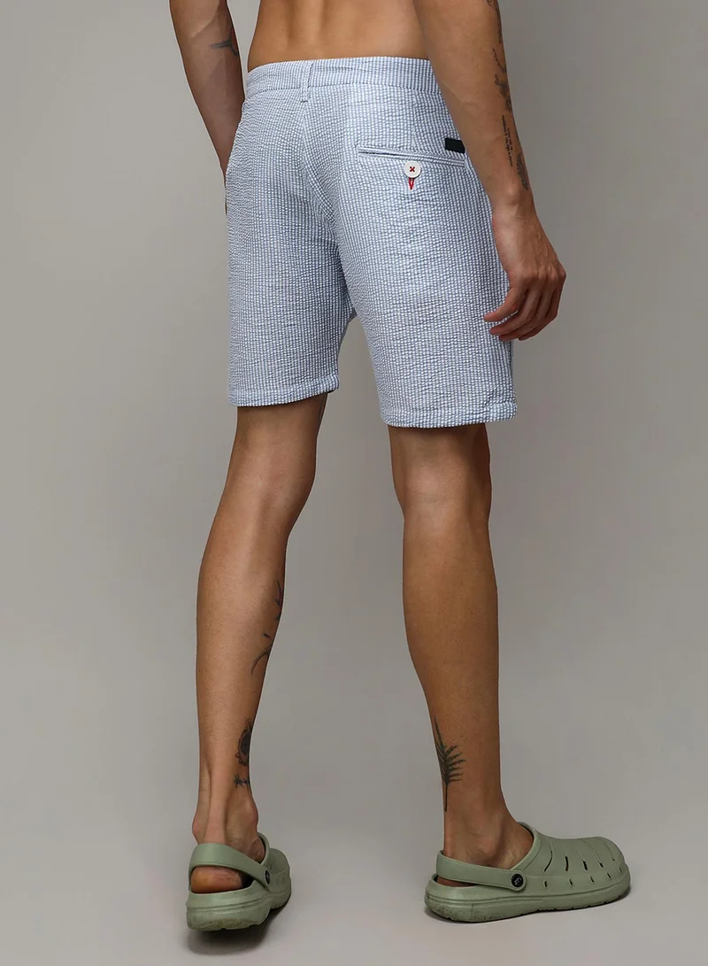 Campus Sutra Men's Light Blue Seersucker Stripe Shorts