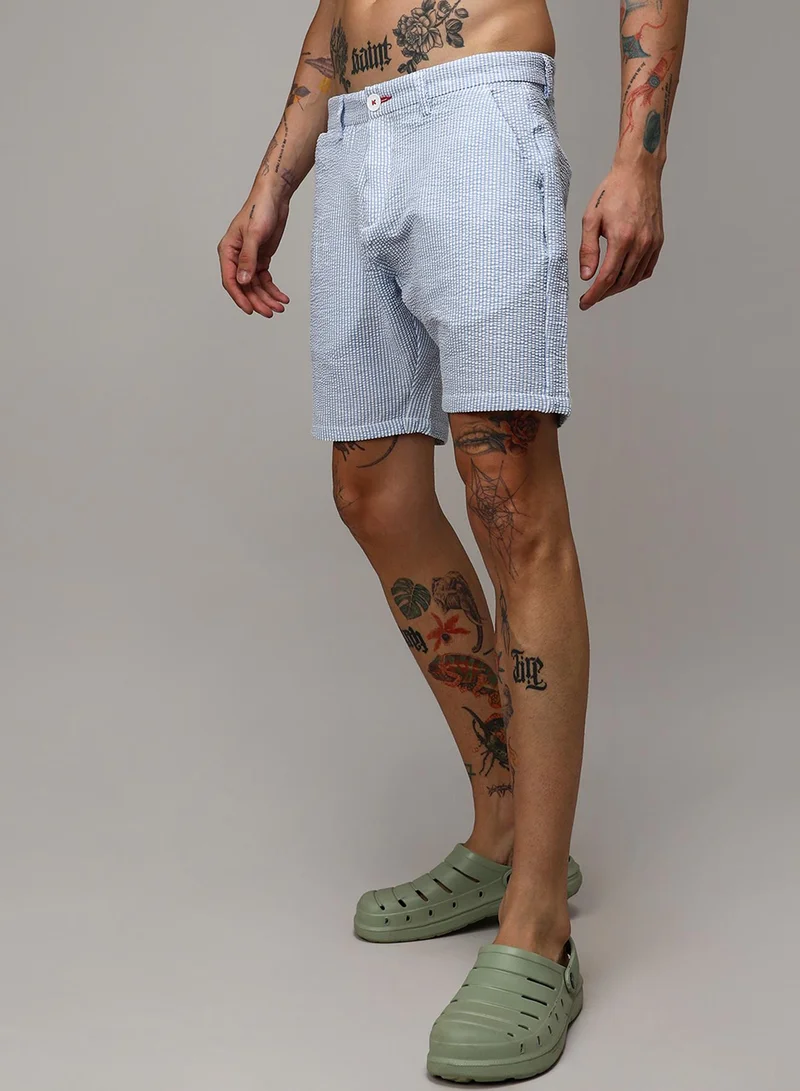 Campus Sutra Men's Light Blue Seersucker Stripe Shorts