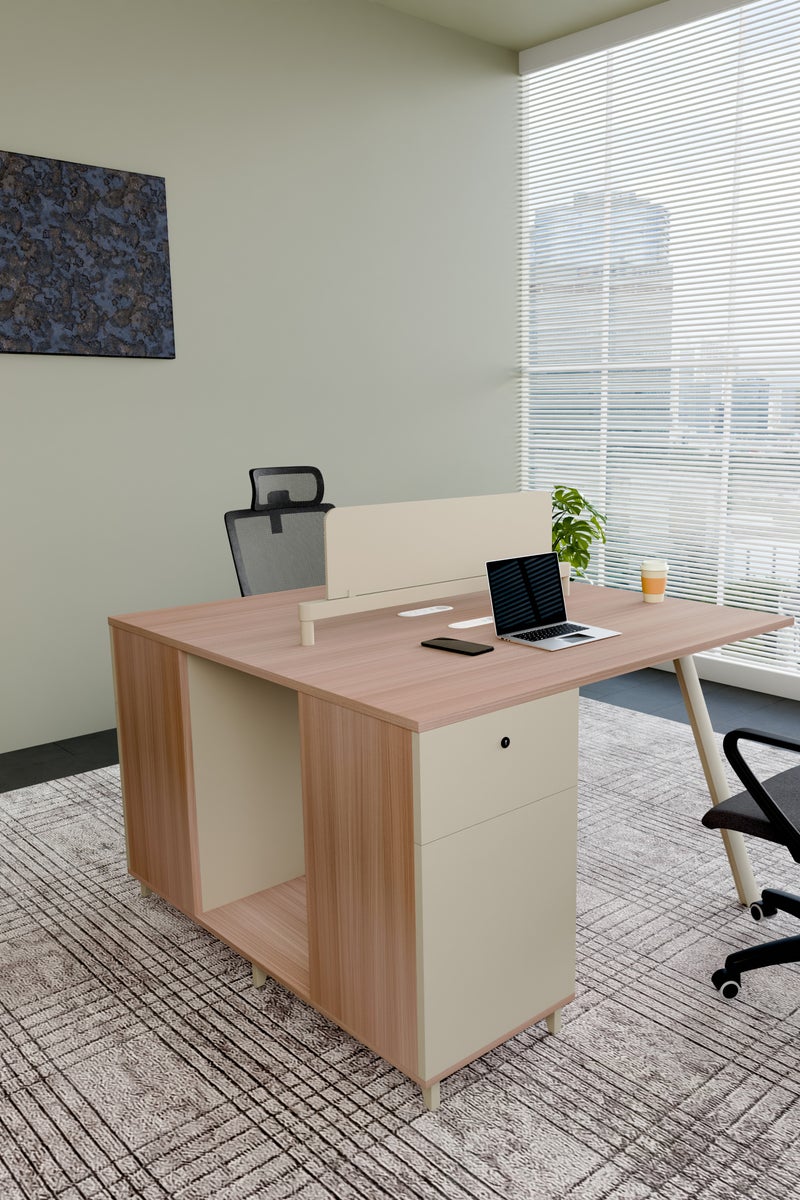 NEO FRONT FURNITURE 2-Seater Face-to-Face Workstation with Drawer Lockers & USB Charging Hub – 1400×1400×1050mm Executive Office Table, Beige & Brown MDF with Metal Legs (XS-Y-Z1412)  - Image 1