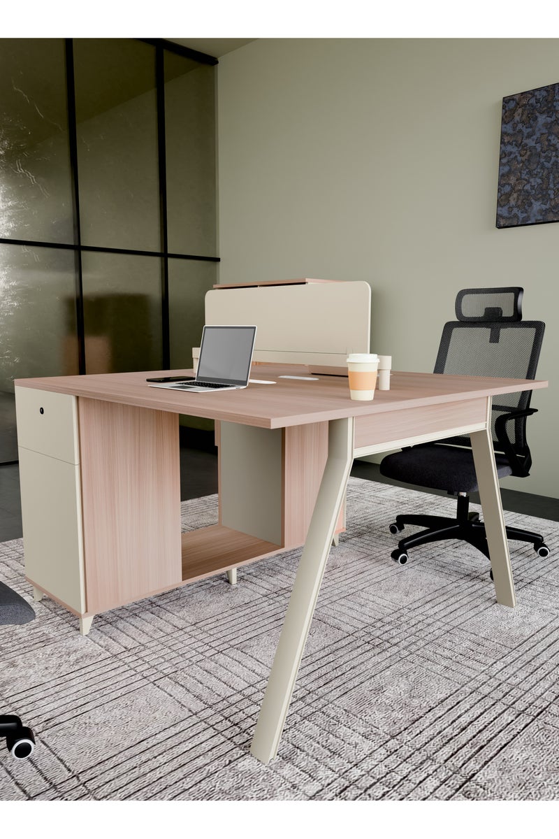 NEO FRONT FURNITURE 2-Seater Face-to-Face Workstation with Drawer Lockers & USB Charging Hub – 1400×1400×1050mm Executive Office Table, Beige & Brown MDF with Metal Legs (XS-Y-Z1412)  - Image 2