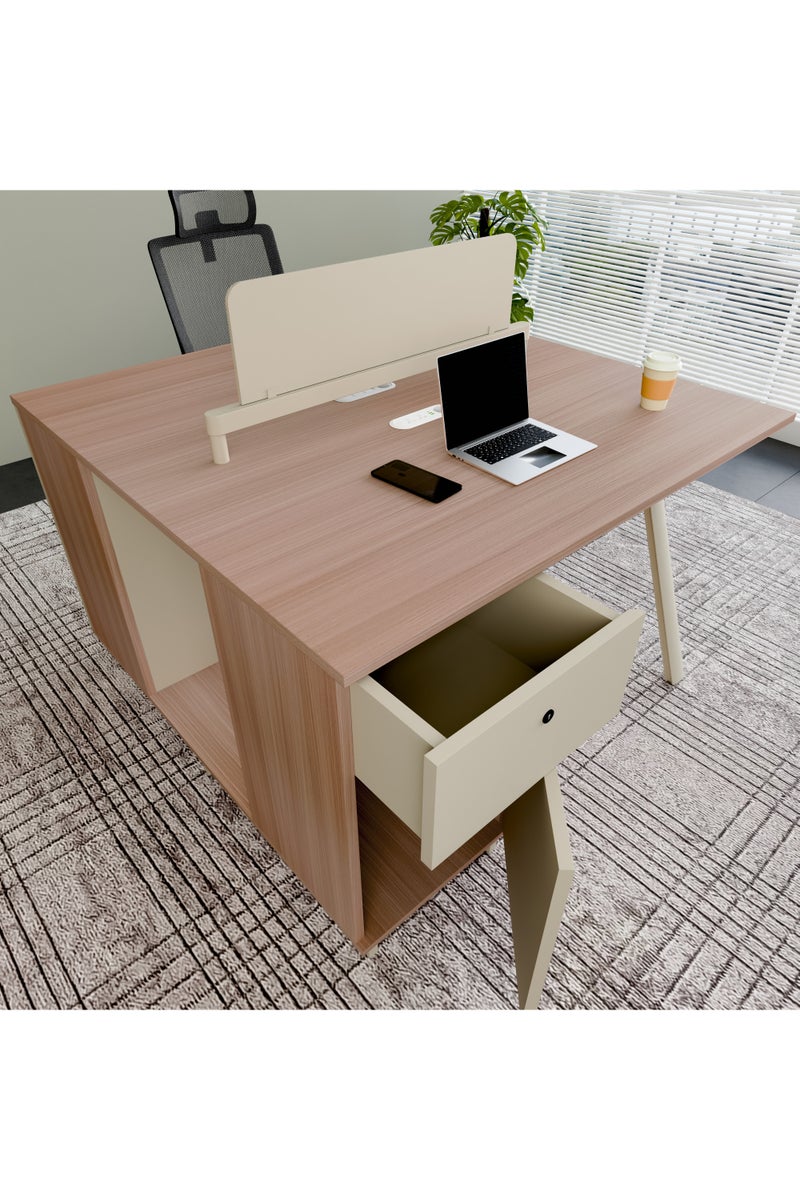 NEO FRONT FURNITURE 2-Seater Face-to-Face Workstation with Drawer Lockers & USB Charging Hub – 1400×1400×1050mm Executive Office Table, Beige & Brown MDF with Metal Legs (XS-Y-Z1412)  - Image 5