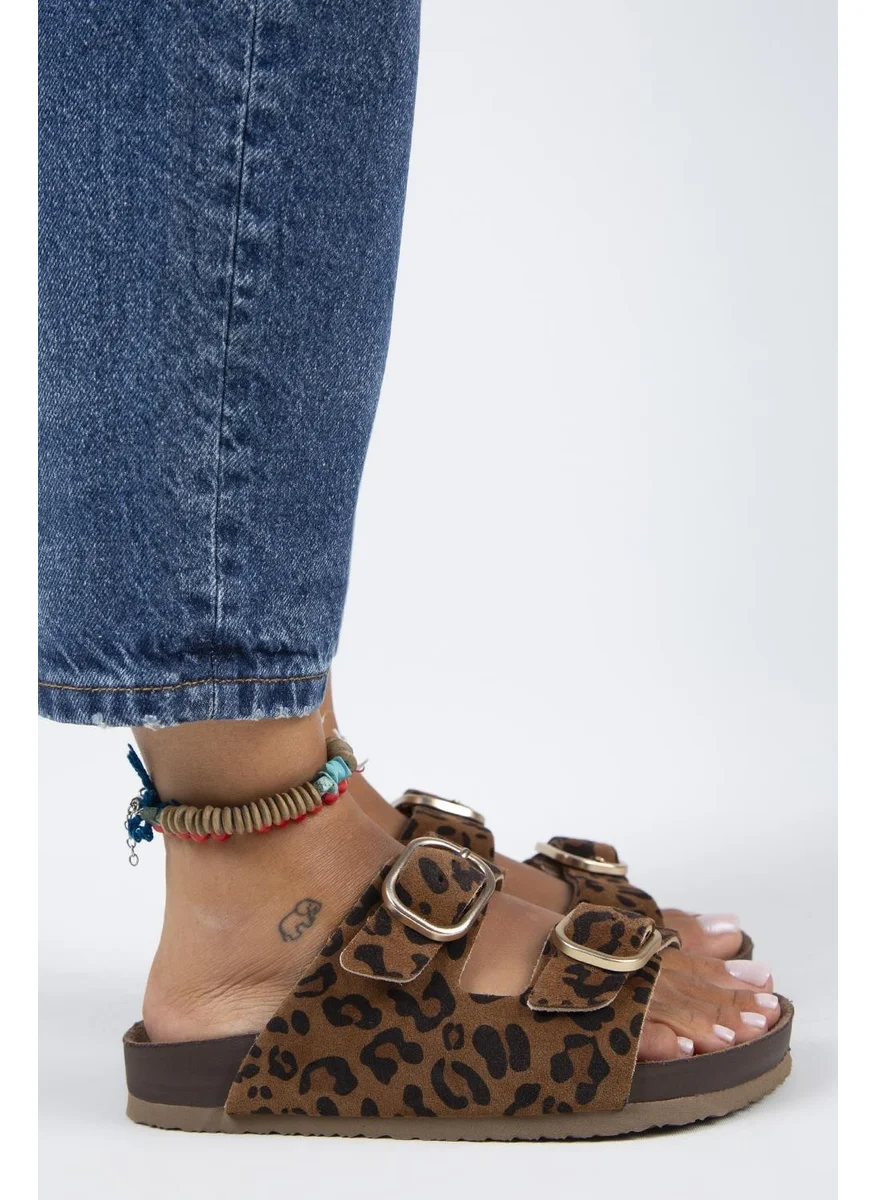 Manijero Jazmin Leopard Women's Leather Double Buckled Tan Slippers
