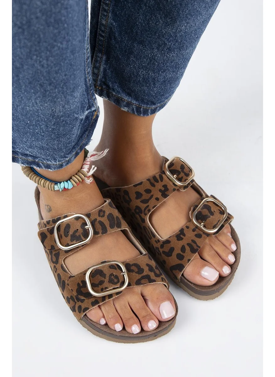 Manijero Jazmin Leopard Women's Leather Double Buckled Tan Slippers