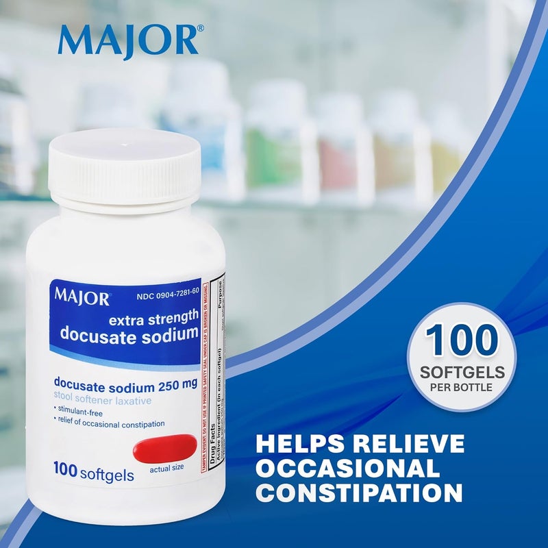 MAJOR Docusate Sodium 250 mg, Extra Strength Stool Softener Laxative for Occasional Constipation Relief – Stimulant‑Free, 100 Softgels (4 Pack) - Image 2