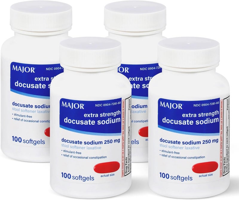 MAJOR Docusate Sodium 250 mg, Extra Strength Stool Softener Laxative for Occasional Constipation Relief – Stimulant‑Free, 100 Softgels (4 Pack) - Image 1