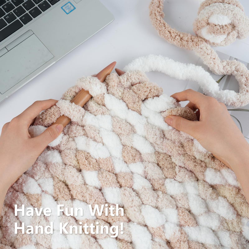 Cozyful Chunky Yarn for Hand Knitting - #10 Chunky Chenille Blanket Yarn, Jumbo Big Thick Chunky Yarns for Crocheting, Tie Dye Bulky Knit Yarns, 8 Skein (25 yds 8 oz Each Skein), White & Khaki & Beige - Image 5