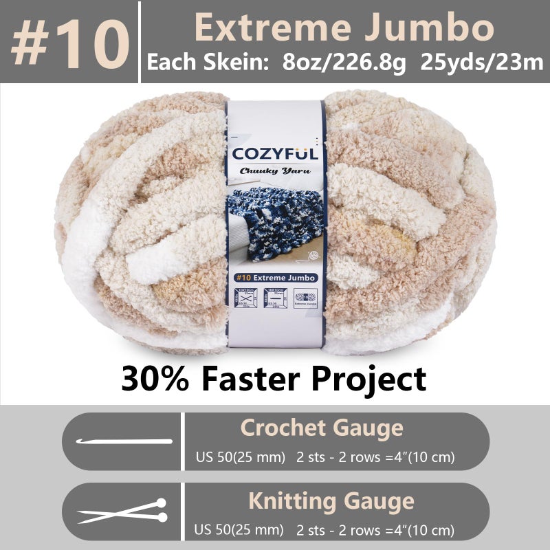 Cozyful Chunky Yarn for Hand Knitting - #10 Chunky Chenille Blanket Yarn, Jumbo Big Thick Chunky Yarns for Crocheting, Tie Dye Bulky Knit Yarns, 8 Skein (25 yds 8 oz Each Skein), White & Khaki & Beige - Image 2