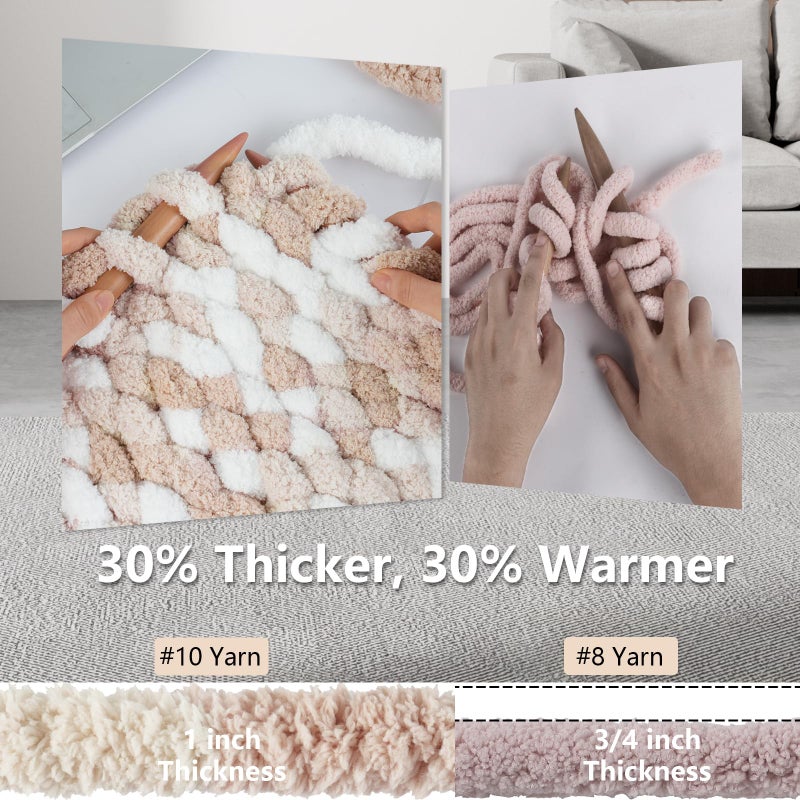 Cozyful Chunky Yarn for Hand Knitting - #10 Chunky Chenille Blanket Yarn, Jumbo Big Thick Chunky Yarns for Crocheting, Tie Dye Bulky Knit Yarns, 8 Skein (25 yds 8 oz Each Skein), White & Khaki & Beige - Image 3