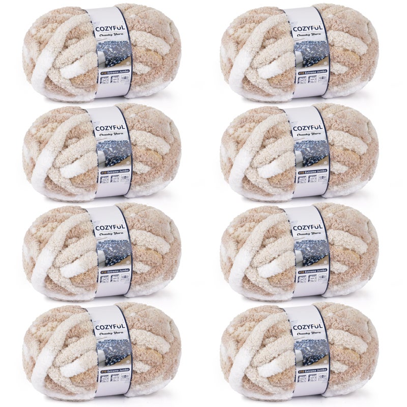 Cozyful Chunky Yarn for Hand Knitting - #10 Chunky Chenille Blanket Yarn, Jumbo Big Thick Chunky Yarns for Crocheting, Tie Dye Bulky Knit Yarns, 8 Skein (25 yds 8 oz Each Skein), White & Khaki & Beige - Image 1