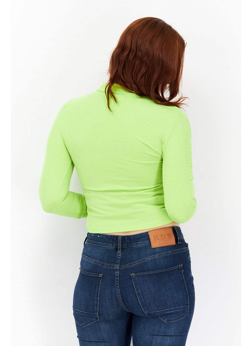 RIVER ISLAND Women Mock Neck Long Sleeves Textured Blouse, Green  - Image 4
