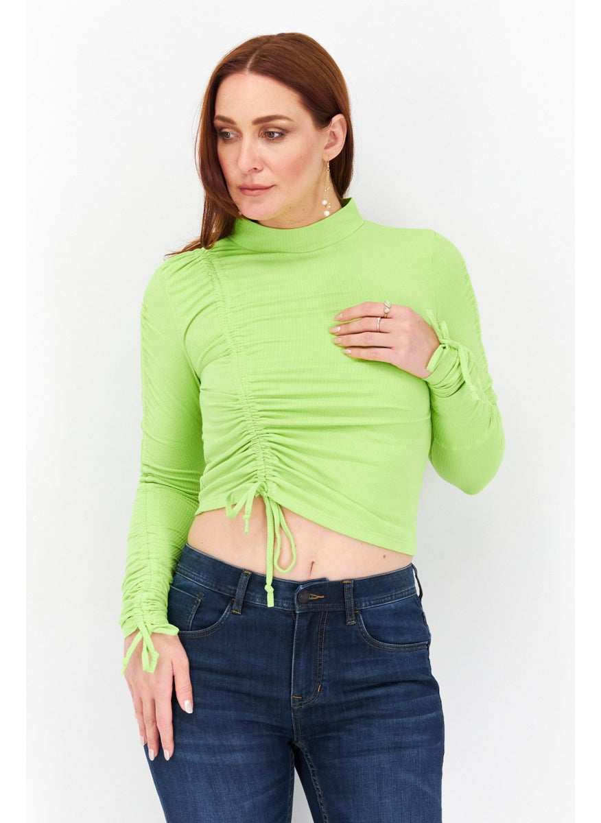 RIVER ISLAND Women Mock Neck Long Sleeves Textured Blouse, Green  - Image 1