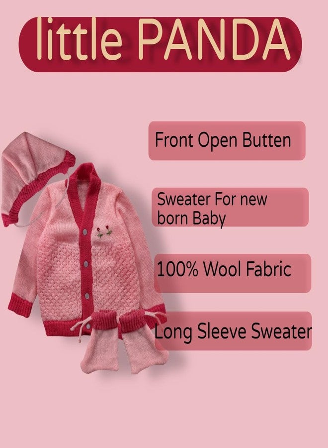 little PANDA Baby Boys & Baby Girls Woollen Round Neck Sweater Top, Cap & Booties Set (0-3 Months, Pink) - Image 5