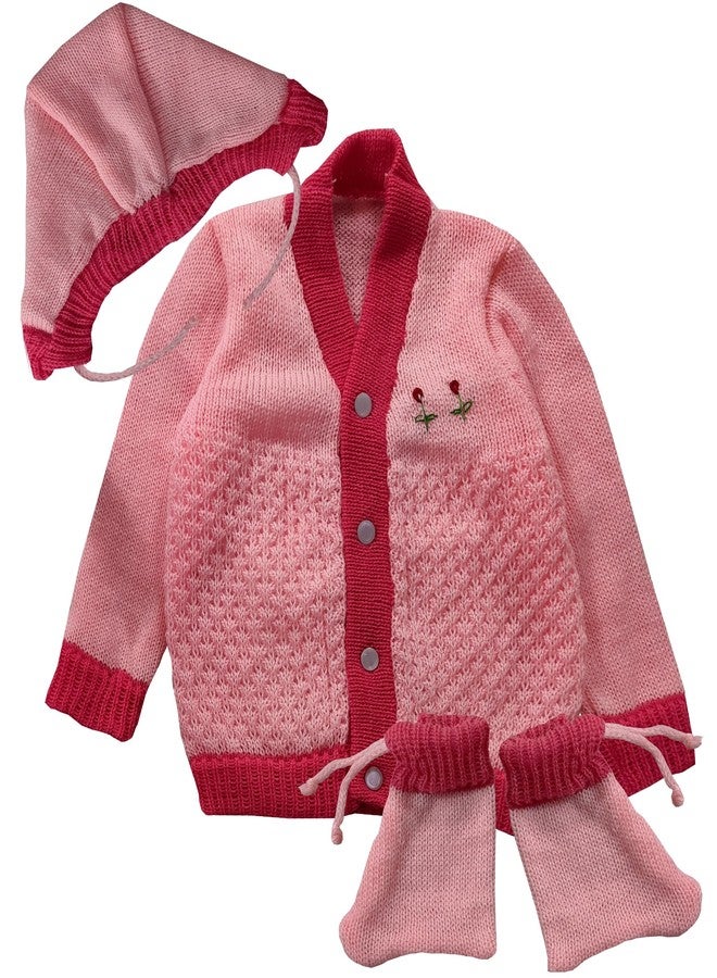little PANDA Baby Boys & Baby Girls Woollen Round Neck Sweater Top, Cap & Booties Set (0-3 Months, Pink) - Image 1