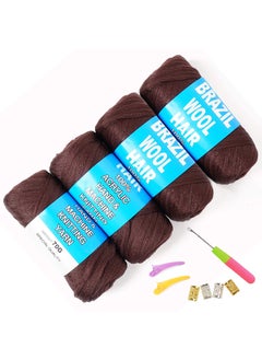 100 Brazilian Wool Hair Acrylic Yarn for African BraidsSenegalese TwistFaux LocsWraps and Crochet Hook4 RollCoffee Brown