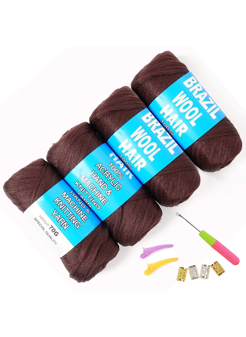 Youngther - 100 Brazilian Wool Hair Acrylic Yarn for African BraidsSenegalese TwistFaux LocsWraps and Crochet Hook4 RollCoffee Brown - Image 1