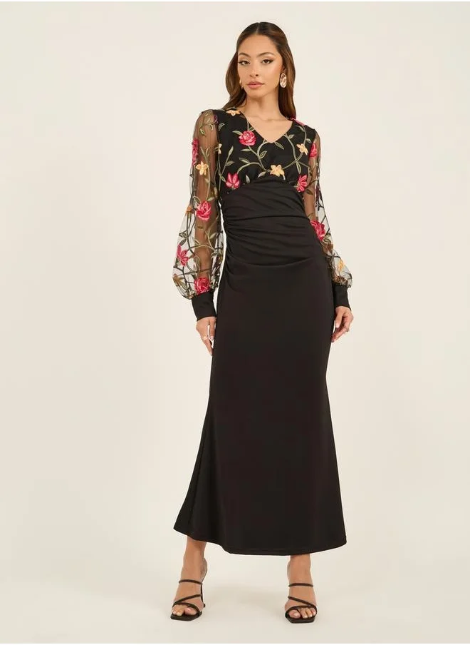 ستايلي Embroidered Balloon Sleeves Mermaid Hem Maxi Dress