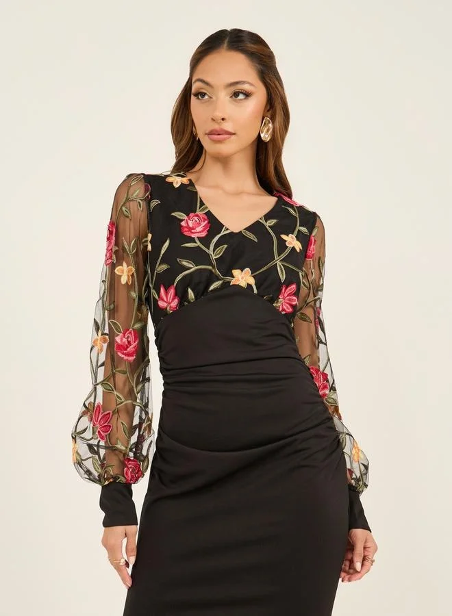 Styli Floral Sheer Sleeve Dress