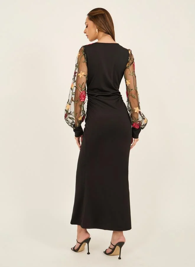 Styli Floral Sheer Sleeve Dress