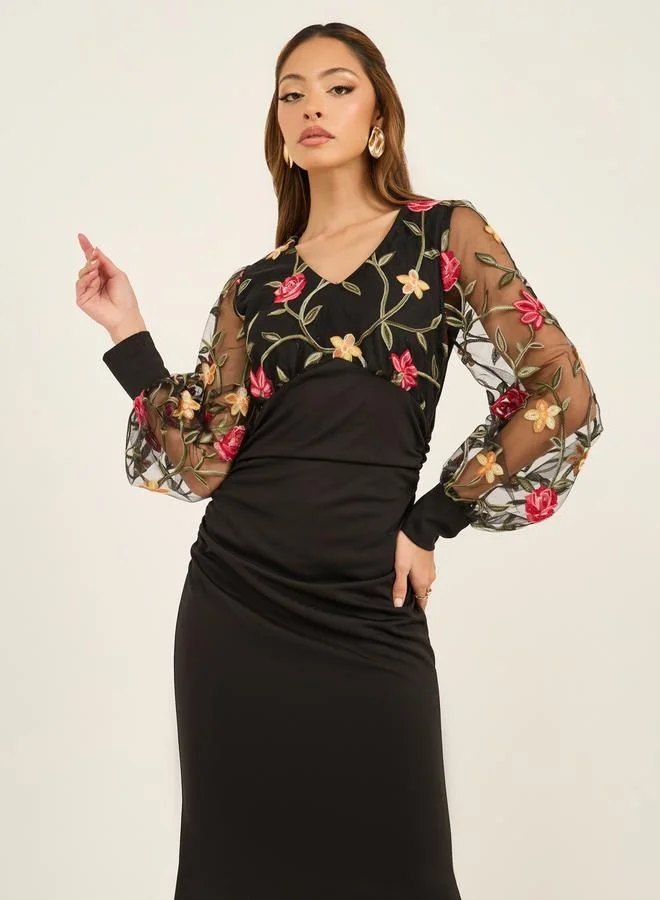 Styli Floral Sheer Sleeve Dress