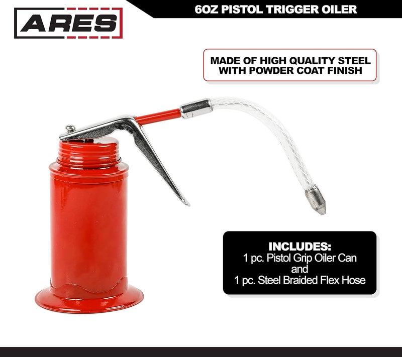 ARES 55008 – 6oz Red Pistol Grip Oiler Can - Includes Steel Braided Flex Hose – High Pressure Pump - Image 2