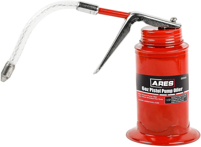ARES 55008 – 6oz Red Pistol Grip Oiler Can - Includes Steel Braided Flex Hose – High Pressure Pump - Image 1