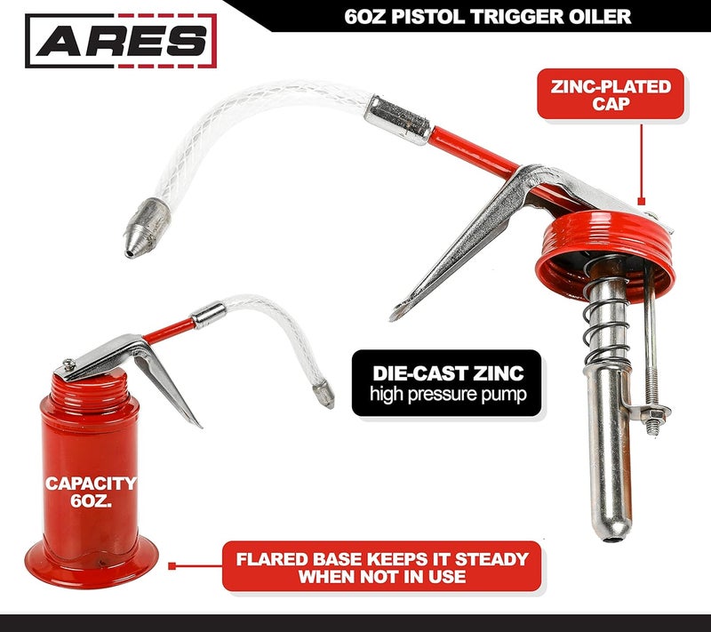 ARES 55008 – 6oz Red Pistol Grip Oiler Can - Includes Steel Braided Flex Hose – High Pressure Pump - Image 3