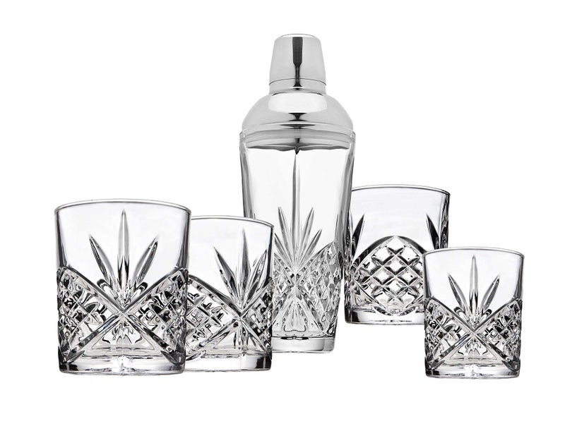 Godinger Martini Shaker Cocktail Shaker with 4 Old Fashioned Whiskey Glasses Barware Set Dublin Dollection