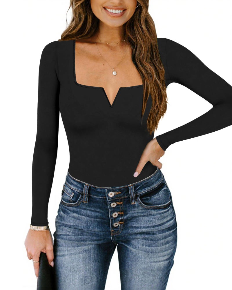 Chunpin Women's Square Neck Notch V Neck Bodysuit Long Sleeve Body Suits Double Lined Going Out Outfits Thong Bodysuits Black X-Large - Image 3